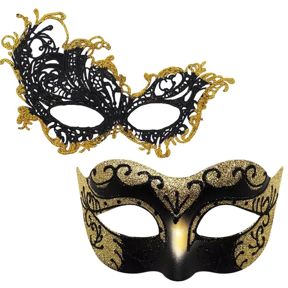 WFKKMEQ Masquerade Mask Couples Set, 2PCS Venetian Party Mask Masque Costume Dress Party Accessories Cosplay Venetian Masks Fancy Dress Accessories for ​Masquerade Venetian Carnival Dress(Gold) — image 1