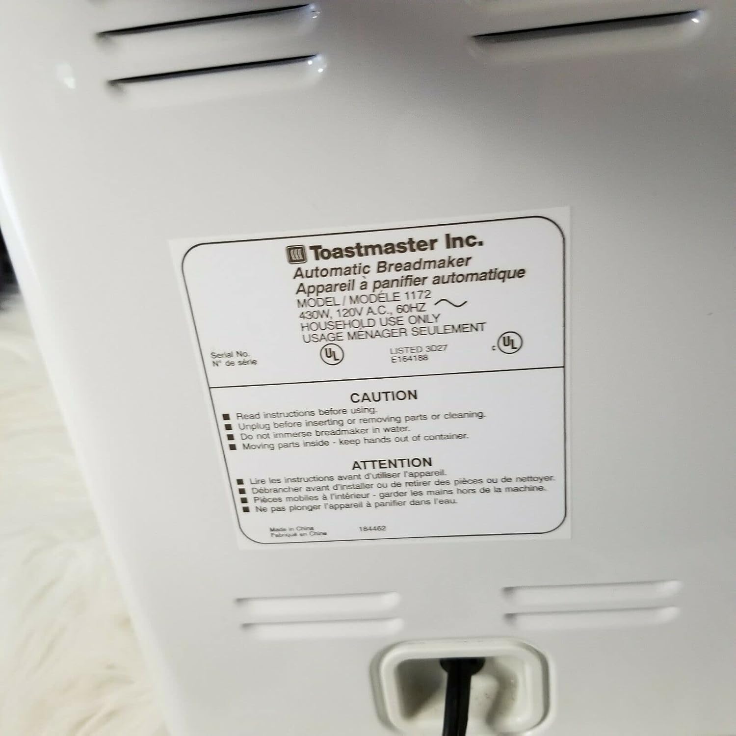 Toastmaster Bread Maker Model 1172 label