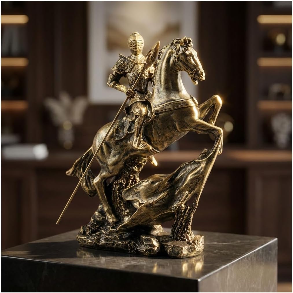 Knight Statue -11.4" Gold Knight Figurine, Medieval Templar with Spear on Charging Horse, Mens Home, Office, Living Room Decor Sculpture