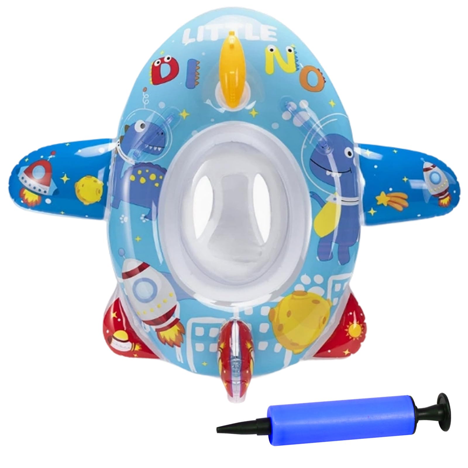 Vspek Baby Swimming Ring Dinosaurs Airplane, Inflatable Blue Swimming Float with Water Gun Seat, Summer Pool Float Swim Ring Beach Supplies โ image 1