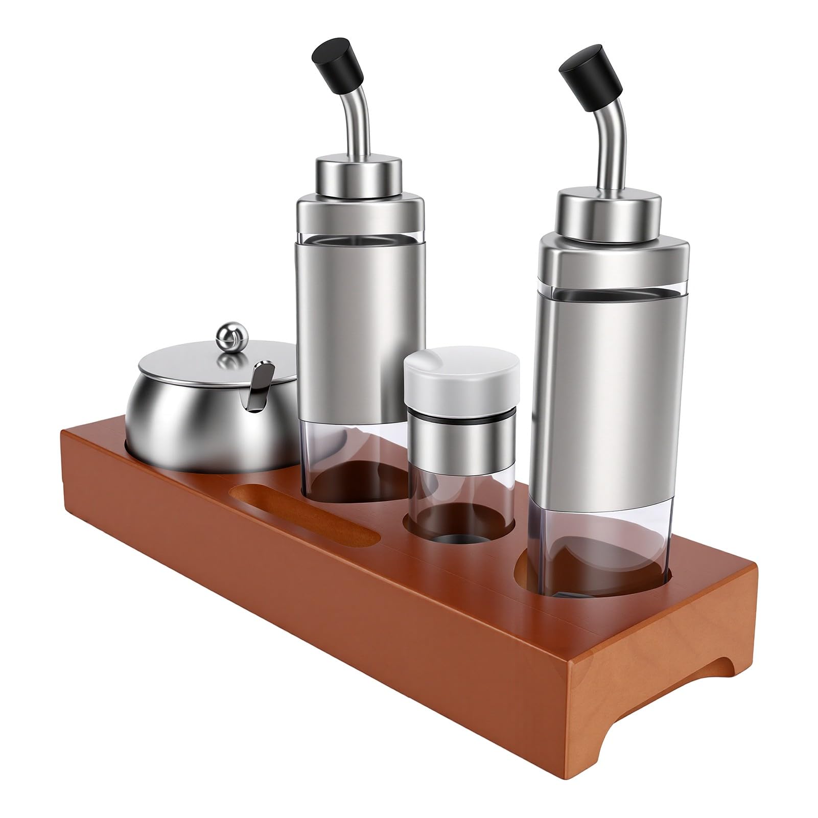 Luocute Juego de Dispensador de Condimentos de Acero Inoxidable 304 con Base de Madera