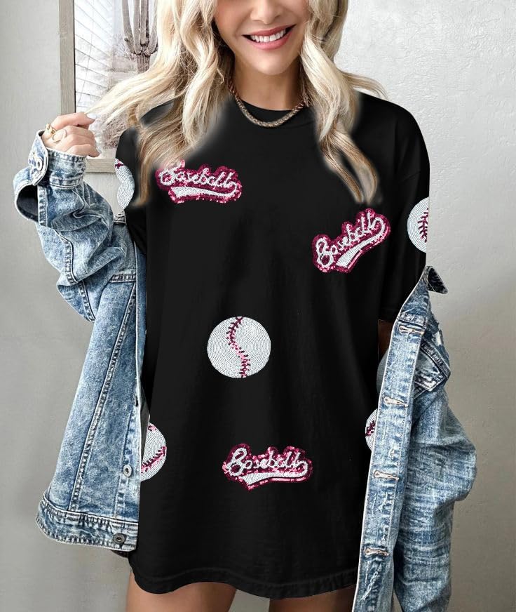 Baseball Shirts Women Oversized Sparkle Baseball Sequin Graphic Tee Baseball Mom Shirt Game Day Gifts Short Sleeve Tops - Image 2