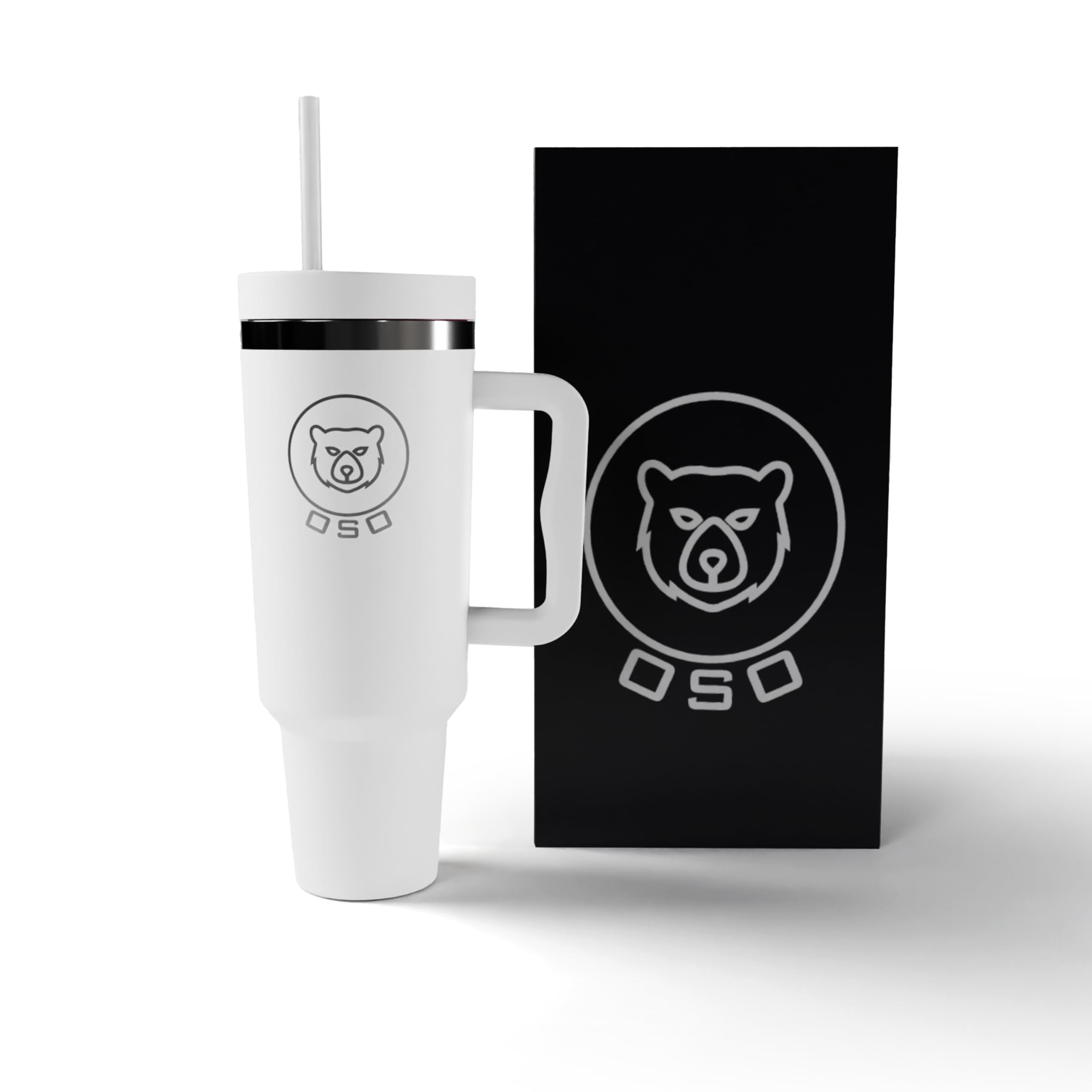 40oz Tumbler with Handle and Straw Lid | Insulated Stainless Steel Water Bottle | Travel Coffee Mug | Cupholder Friendly | Black | Gifts for Him and Her (White)