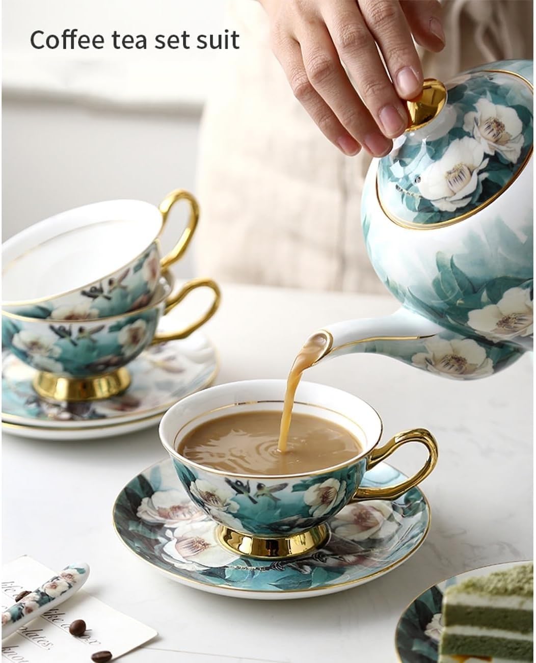 15-częściowy zestaw porcelanowych dzbanków do kawy, zestaw do herbaty z porcelany kostnej, kubki, spodki i łyżki dla 6 osób, wykwintne zestawy porcelany na popołudniową herbatę z cukierniczką i
