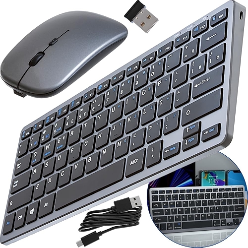 Teclado e Mouse Sem Fio Com Adaptador Bluetooth Para Notebook Desktop Tablet e Celular Super Silecioso + Mouse Premium Carregamento USB-C Layout ABNT2 Padrão Brasil Teclas Por Membrana - Original