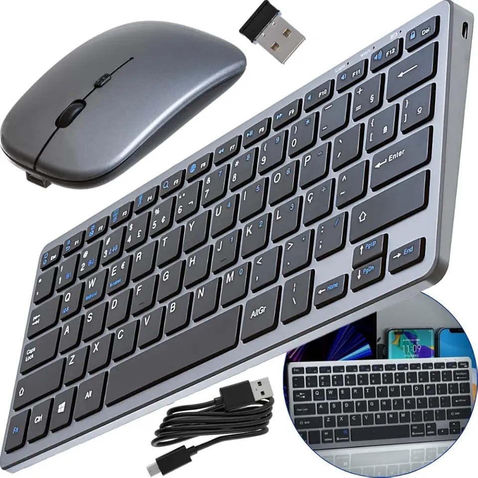 Teclado e Mouse Sem Fio Com Adaptador Bluetooth Para Notebook Desktop Tablet e Celular Super Silecioso + Mouse Premium Carregamento USB-C Layout ABNT2 Padrão Brasil Teclas Por Membrana - Original