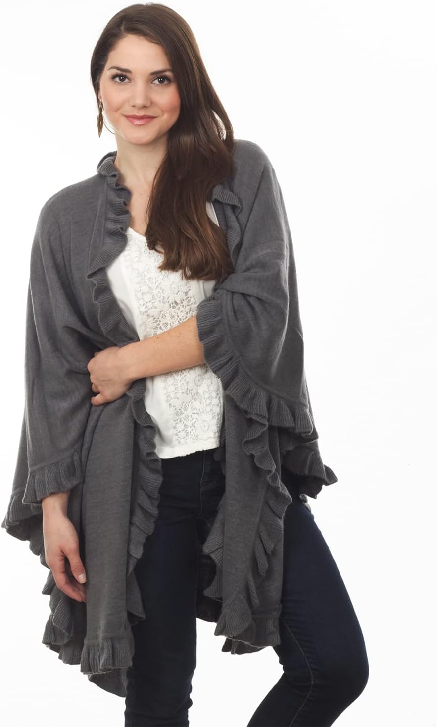 Fennco Styles Women's Ruffle Trim Knit Open Front Poncho Cape Shawl - Fall Wrap Jacket, Cozy and Stylish Layering Piece