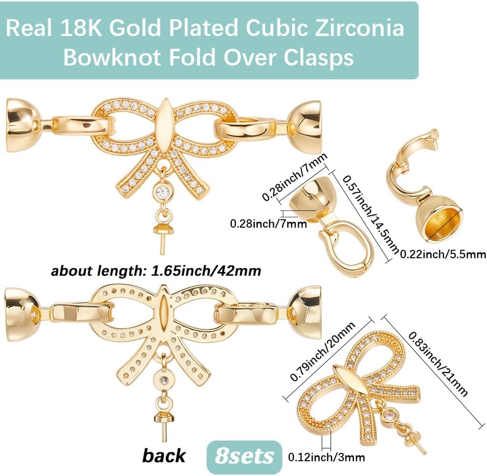 Beebeecraft 1 Box 8Pcs Cubic Zirconia Fold Over Clasps 18K Gold Plated Brass Bowknot Extender Clasp Closure Hexagon End Caps with Peg Bails for Pearl Necklace Bridal Wedding