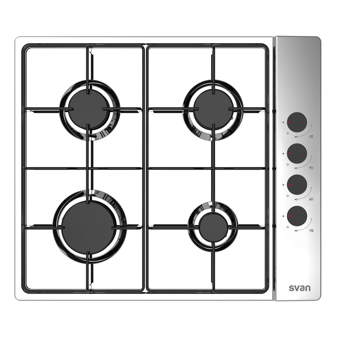 Svan Placa de Gas Butano, SG4601X. 4 Quemadores, Ignición Automática, Mandos Giratorios, Parrillas Esmaltadas, Seguridad FFD, Integrable, Fácil Limpieza, Acabado en Inox