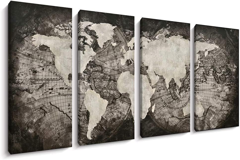 4 Panel Large World Map Set Wall Art Canvas Black Old Map Picture Wall Decor Living Room Wall Canvas (black, 12" x 24“ x 4pcs)