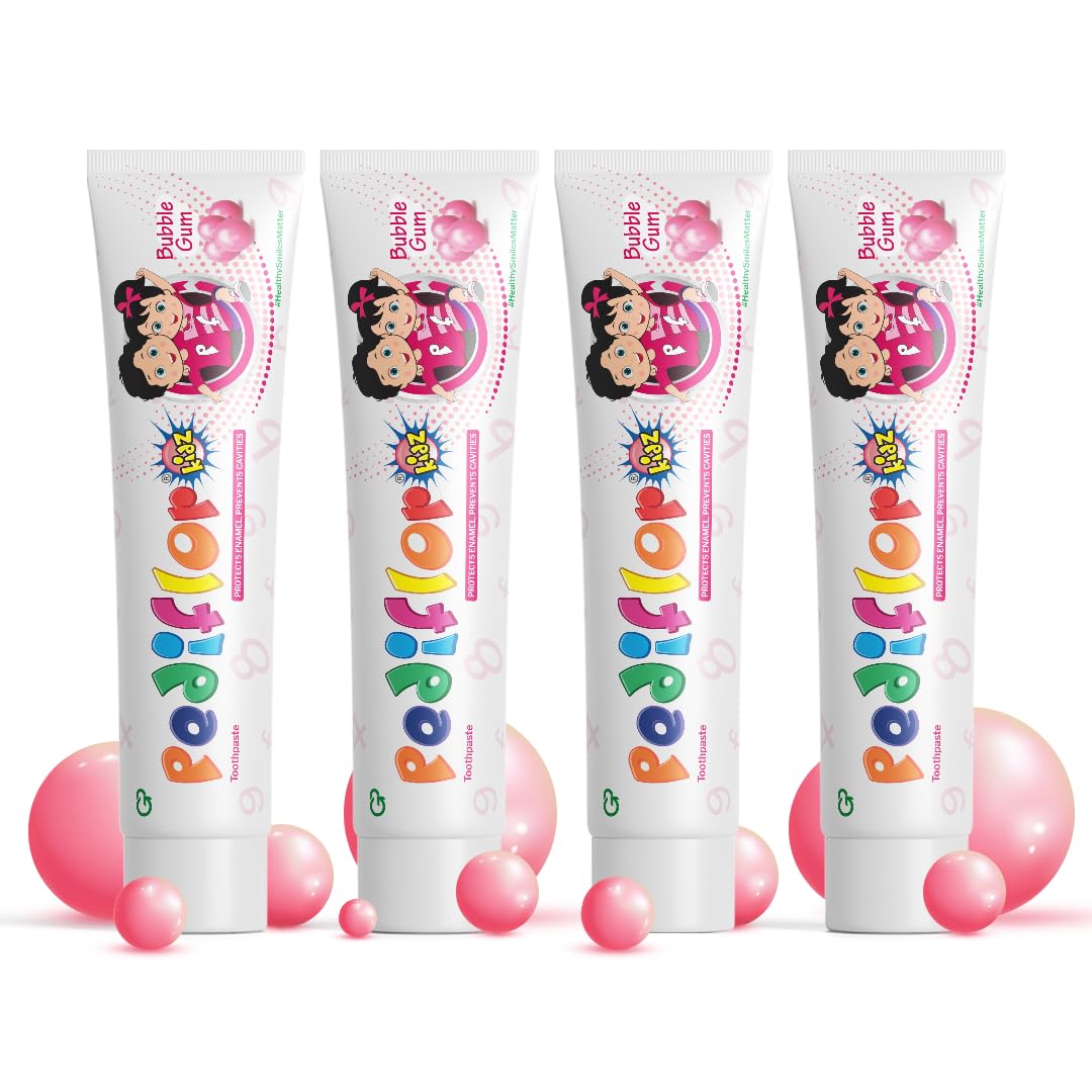 PediflorKidz Anticavity Fluoride Bubble Gum Flavor Toothpaste for children | Family combo pack | Vegan Friendly (Pack of 4) 70g each-image-4