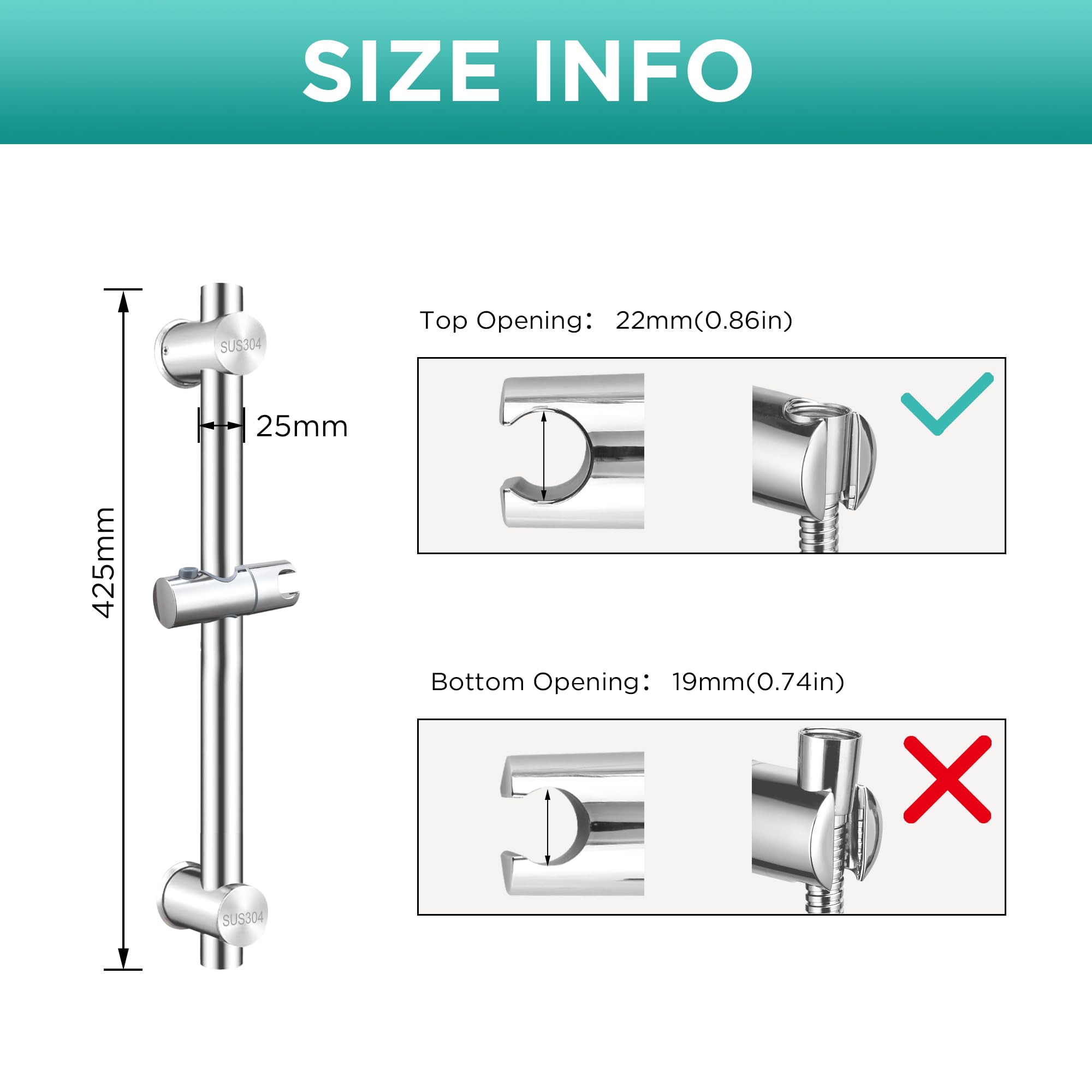 Asta per doccia da 42,5 cm, montaggio a parete, con supporto regolabile per soffione doccia, in acciaio inox SUS304, finitura lucida