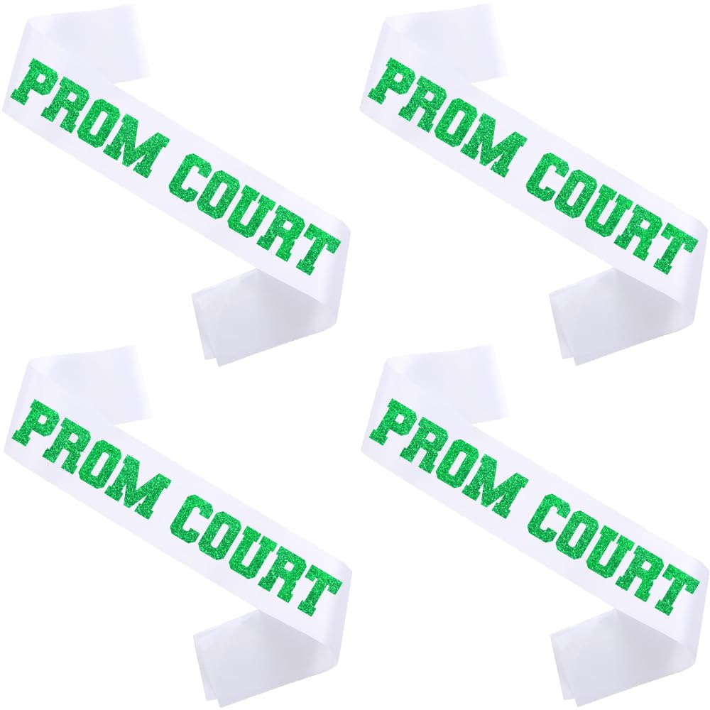 4 Pcs Prom Court Sashes 2026 White with Green Glitter Letter for School Cosplay Pageants Prom Party Dance Graduation Party Favors (White + Green)