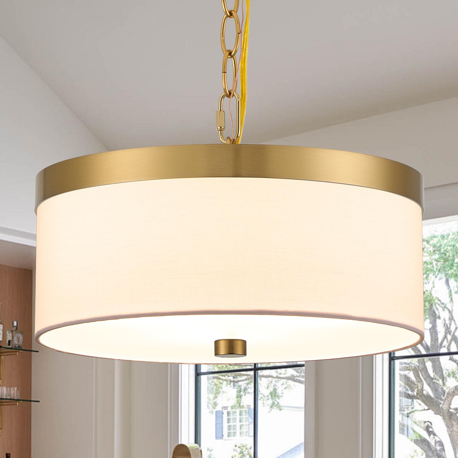 3-Lights Modern Fabric Chandelier for Dining Room, 12'' Modern Drum Chandeliers, Height Adjustable Gold Pendant Light, E26 Round Pendant Light Fixtures for Bedroom Living Room Kitchen Island Foyer