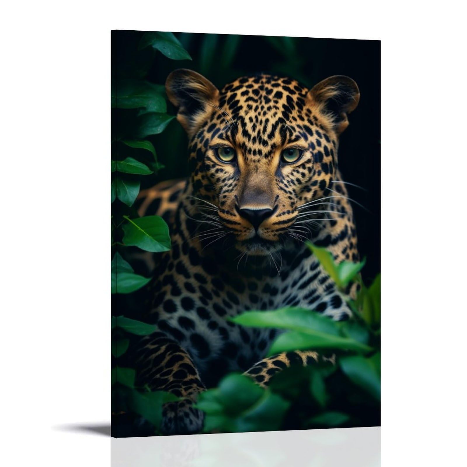 FYFMUSHE Beautiful Leopard Canvas Wall Art Paintings Natural Animal Green Leaf Modern Pictures on Canvas Prints Framed Ready to Hang Artwork for Bedroom Home Decor 12x18inch(30x45cm)