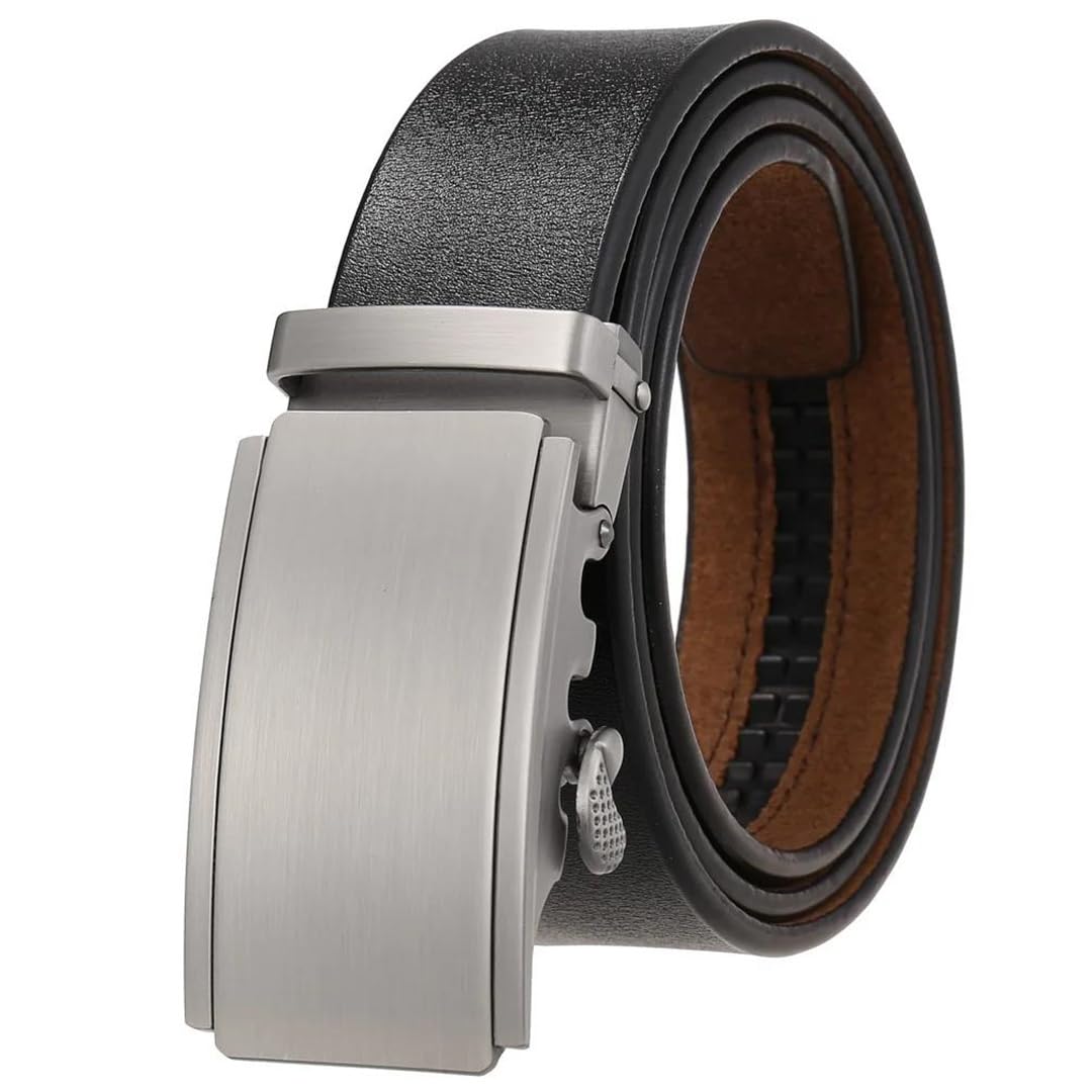 Yeuyyben Cinturón de cuero genuino con trinquete para hombre, hebilla automática, ajustable, negro, marrón, casual, negocios, jeans