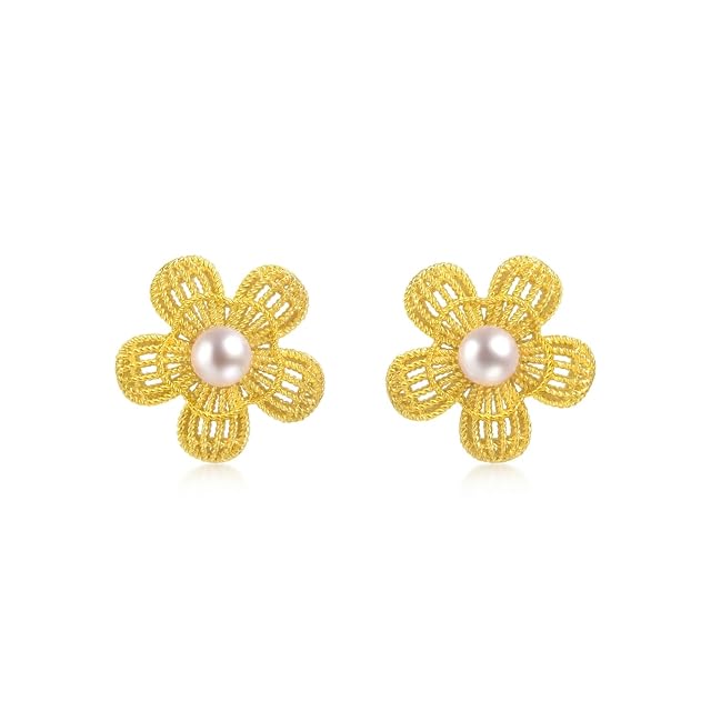 Chow Sang Sang CHOW SANG SANG 999.9 24K Gold MINTYGREEN Dainty Gold Blossom Bellflower Pearl Stud Earrings for Women 95734E