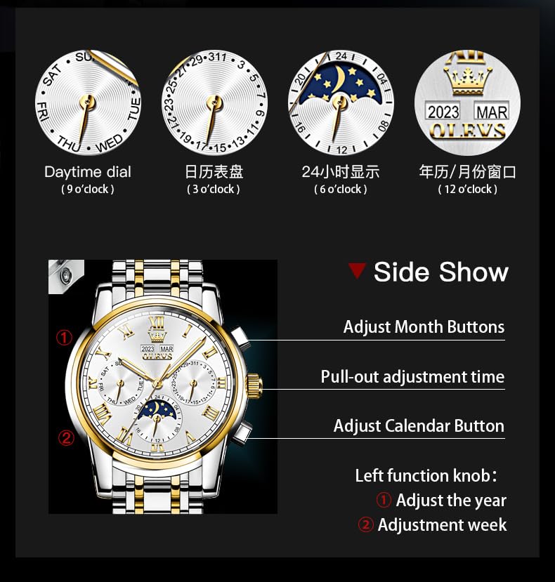 Image of OLEVS Watches for Men Automatic Mechanical Self Winding Dress Wrist Watch Multifunction Calendar Waterproof Luminous