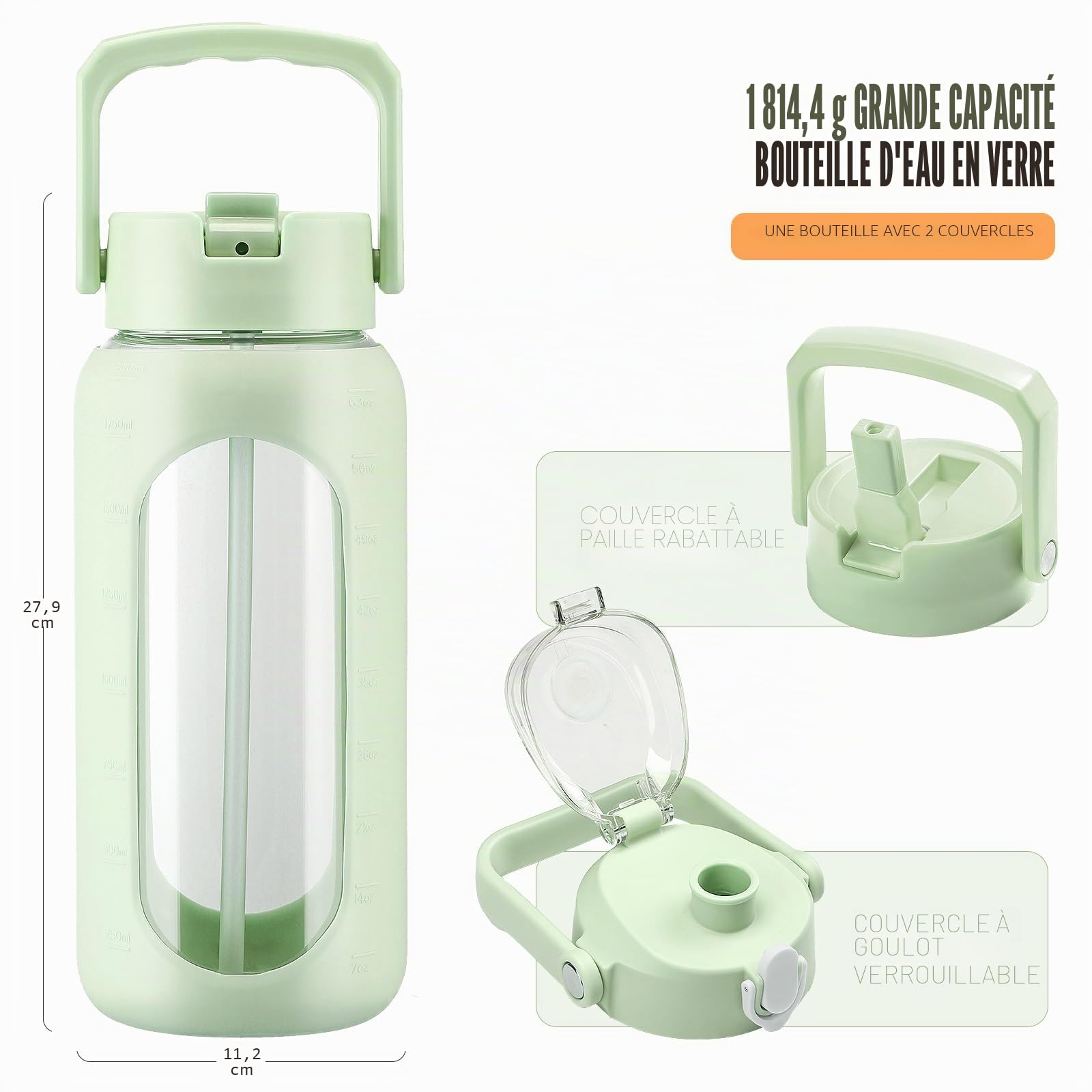 BLUEGO Bouteille D'eau En Verre 2L Avec 2 Couvercles Et Paille – Marqueurs De Temps, étanche, Violet – Parfaite Pour Le Sport Et La Maison