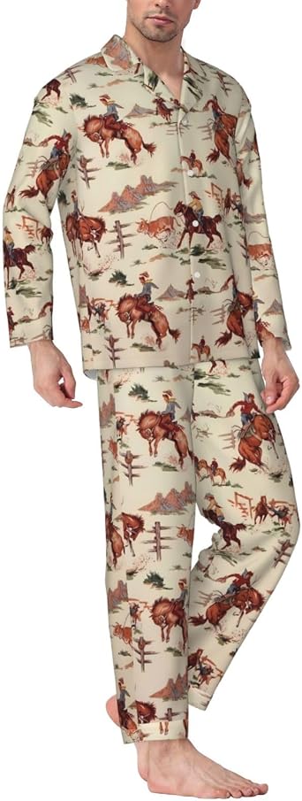 Western Cowboy for Mens Pajamas Set, Soft Long Sleeve Pajamas for Lightweight Button