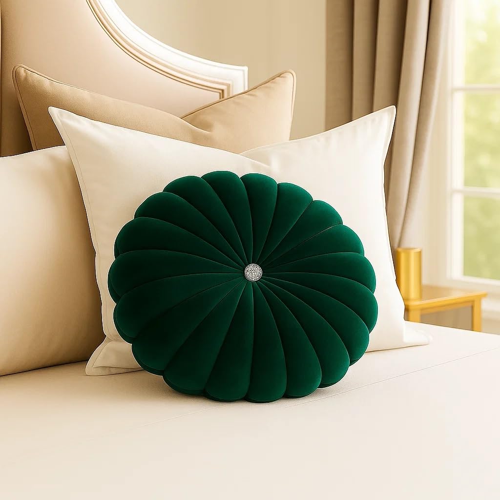 luxury velvet round cushion for sofa & bedroom | decorative pleated pillow with button, soft & comfortable throw cushion office & gifting | premium round cushion for sofa– pack of 1 (green)