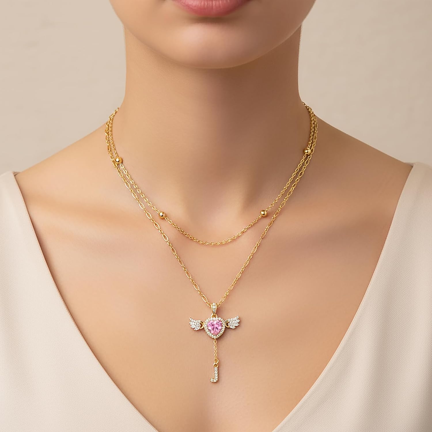 Letter Heart Necklace for Women Angel Wings Necklace 14K Gold Plated Name Initial Layered Necklace Zirconia Pendant Love Symbol Necklace Jewelry Gifts for Women - Image 4