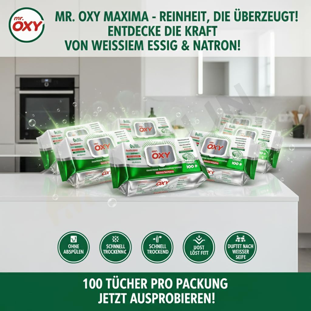 Mr. OXY Maxima Allzweck-Reinigungstücher Streifenfrei, Fettlösend, Schnell Trocknend, Duft nach Weißer Seife – Mit Weißem Essig & Natron – Ohne Nachspülen, Einfache Reinigung (Pack of 6)
