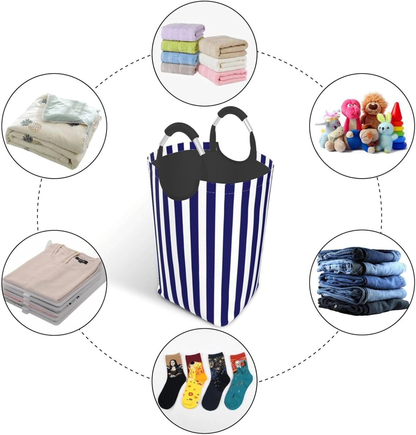 Large Laundry Basket, Navy Blue and White Candy Stripes Laundry Hamper Bag Collapsible Washing Bin With Handles for College Dorm, Family Essentials Storage