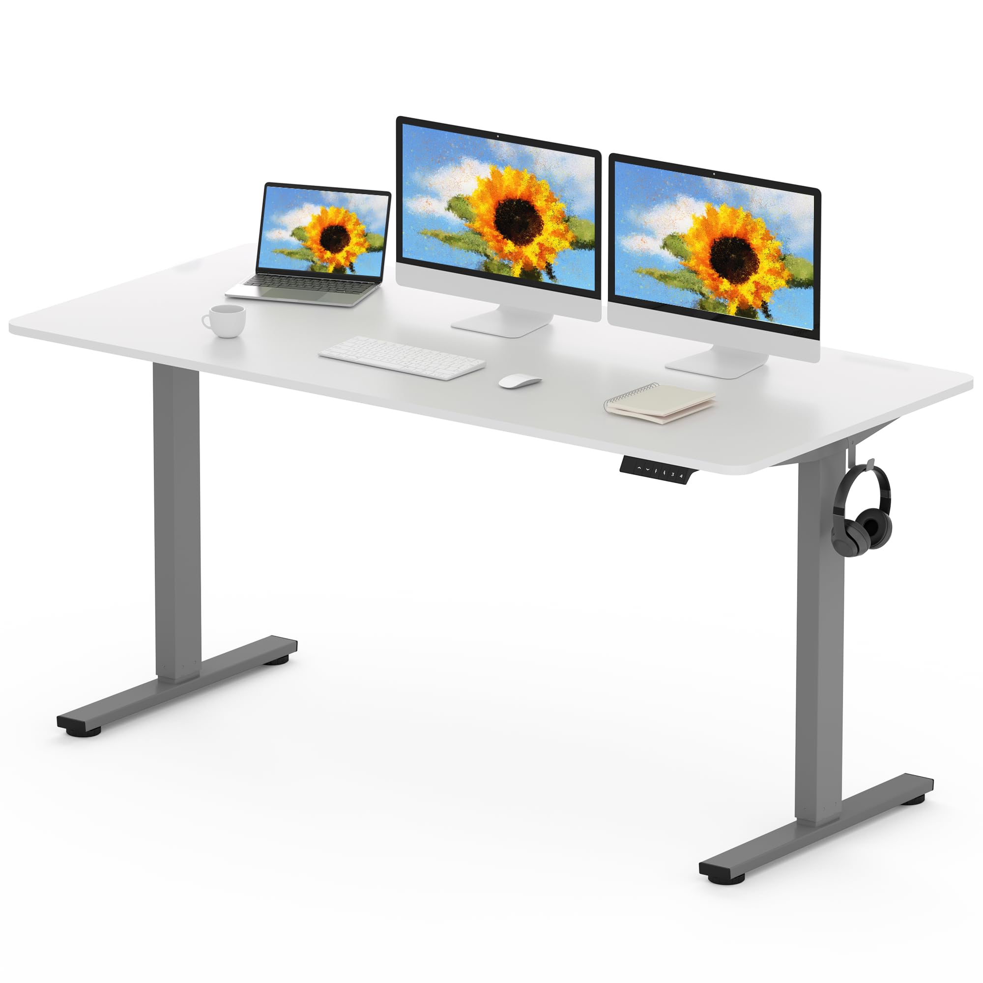 FLEXISPOT 160 x 80cm Electric Standing Desk ONE PIECE Height Adjustable Desk Sit Stand Desk with 4 Memory Smart Panel and Backpack Hook for Home Office, (Gris Frame+White Desktop)