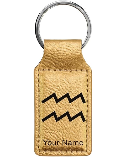 LaserGram Rectangle Keychain, Zodiac Sign Aquarius, Personalized Engraving Included (Gold)