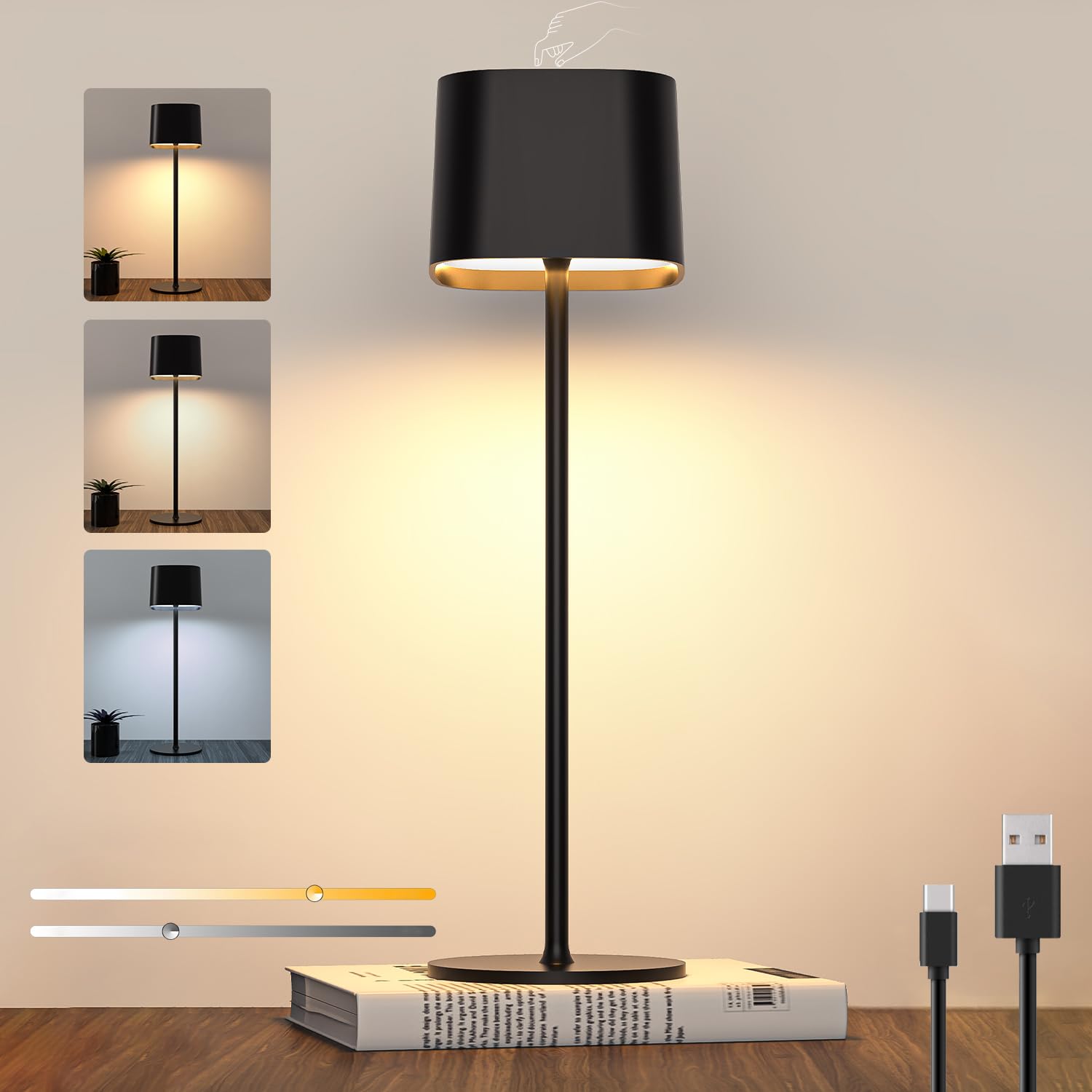 lámparas de Mesa inalámbricas, lámpara de escritorio LED portátil recargable, batería de 5600 mAh, Lámparas de Mesita sin cable de noche táctil Regulable, para Interior/Exterior , Camping, Cafetería