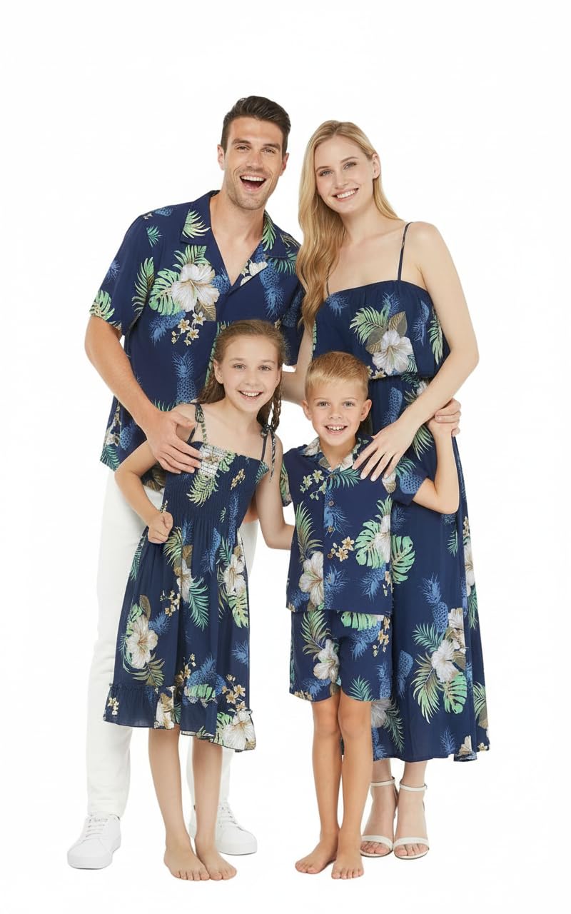 Matchable Family Hawaiian Luau Men Women Girl Boy Clothes in Pineapple Garden Navy