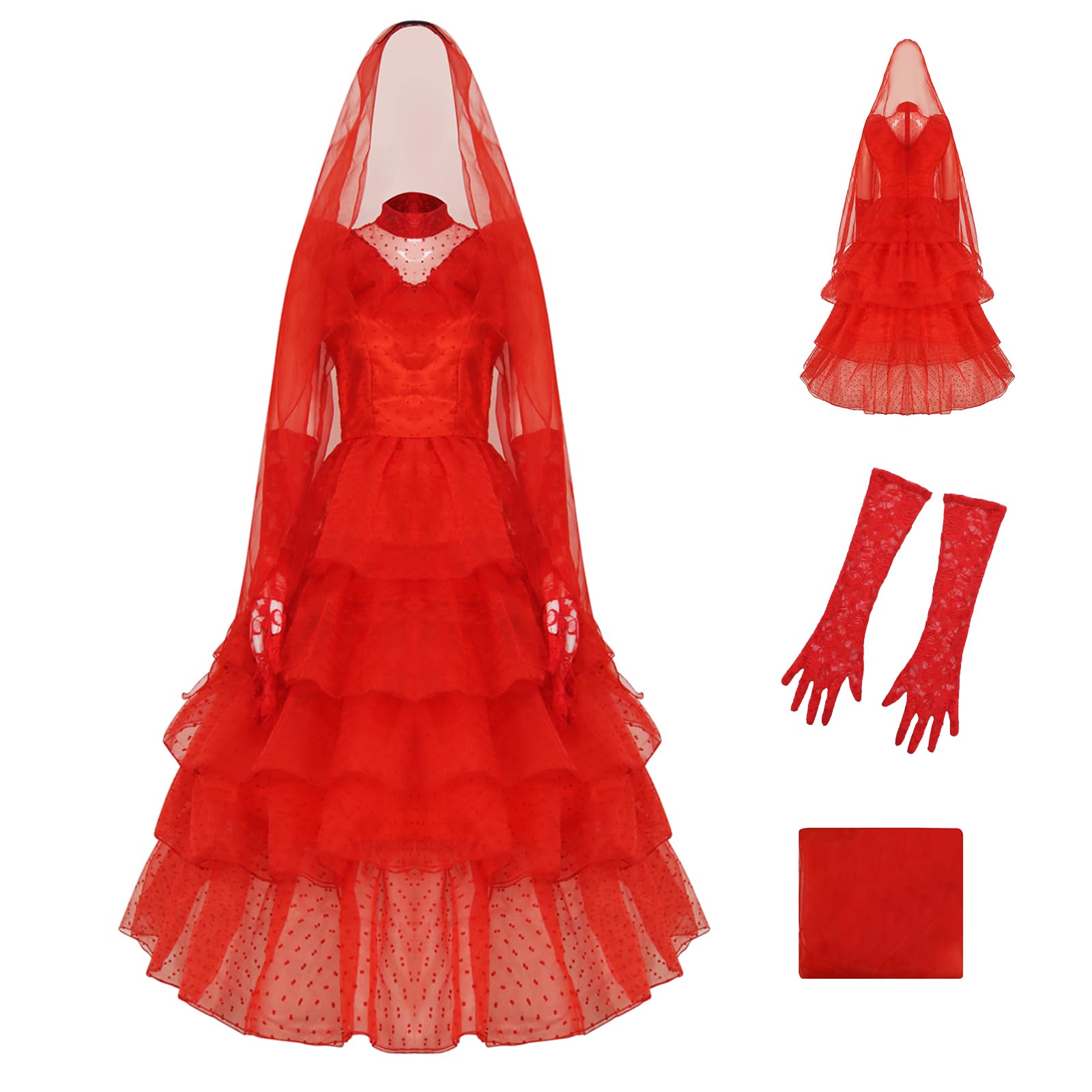 Photo 1 of Poboola Lydia Deetz Costume Beetle Bride Gothic Red Wedding Dress Women's 80s Halloween Dress Up Cosplay Outfits with Veil Red Medium