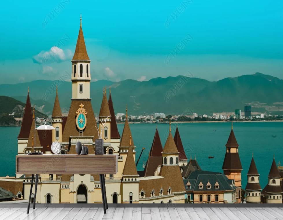 Poster géant mural château vue mer pour créer une ambiance évasion dans votre salon