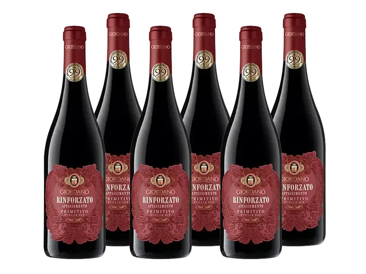Giordano - BOX RINFORZATO APPASSIMENTO PRIMITIVO PUGLIA IGT - 6 Flaschen trockener Rotwein 2024, reich und vollmundig, Noten von reifen Früchten, Gewürzen und Schokolade - Größe 75 cl
