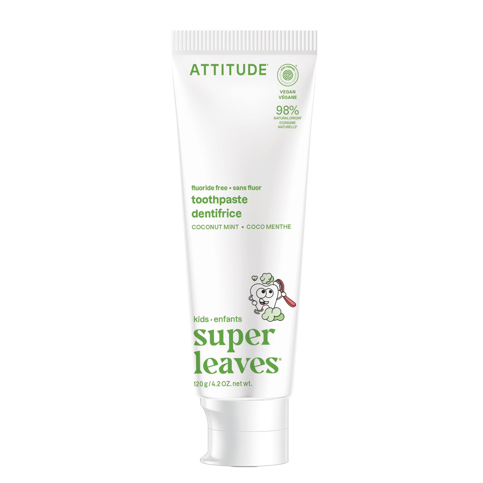 ATTITUDE Kids Fluoride-Free Toothpaste, Made in Canada, Plant- and Mineral-Based Ingredients, Vegan, Cruelty-Free and Sugar-Free, Coconut & Mint, 120 Grams