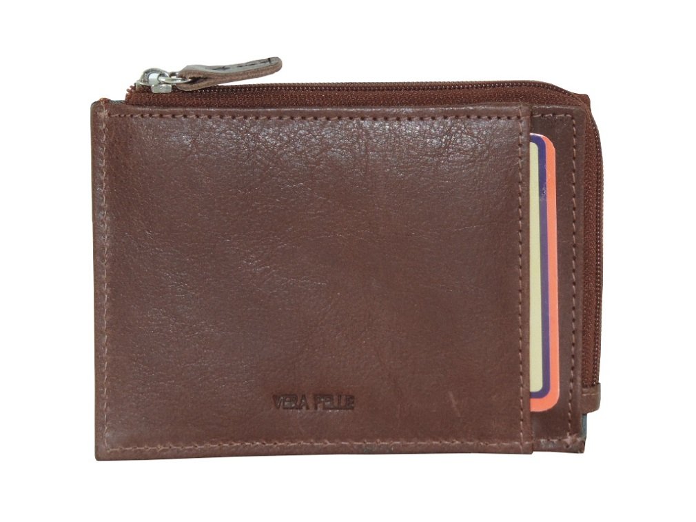 Porta Carte di Credito Uomo porta documenti THE TOWER BRIGHT 100% Vera pelle Sottile con Portamonete a Zip Marrone