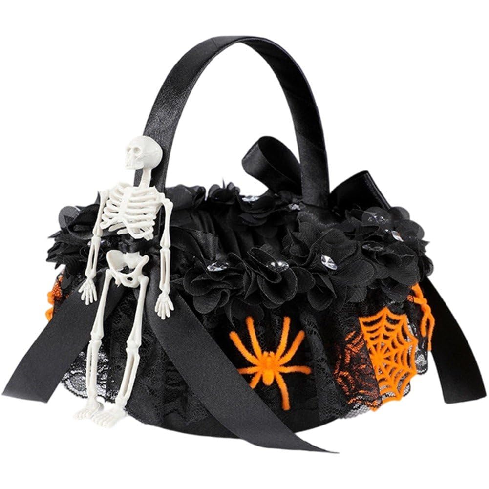 Danlai Handled Black Lace Bow Halloween Storage Basket, Candy Flower Container for Holiday Home Scene Decoration Layout