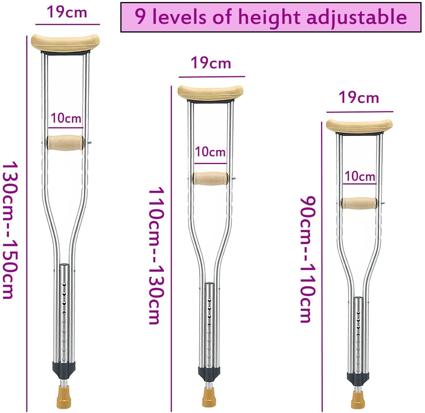 1 par de muletas médicas de Aluminio, muletas de Asistencia, 9 Niveles de Altura, muletas Ajustables para Adultos, Capacidad de Peso de 200 Libras