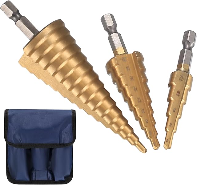 3 Pcs HSS Step Drill Bit Set, 4mm-12/20/32mm High Speed Steel Step Drill Bits Set Titanium Coated, Cone Hole Cutter Drill Bits with Universal Hex Shank for Wood Metal Plastic PVC Board Sheet
