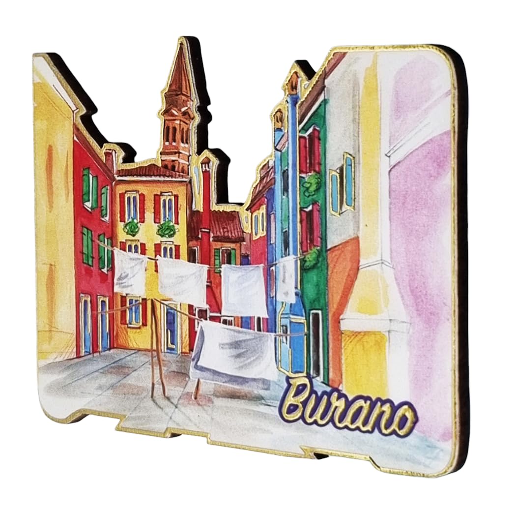 Burano Square Design Fridge Magnet with Cloths Shaped Wood with Gold Finish Collectible 6 x 8 cm, Medium - Image 2