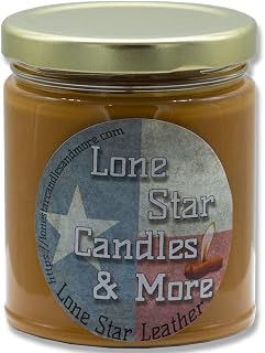 Leather, Lone Star Candles & More's Premium Hand Poured Soy Wax Candle, Authentic Aroma of Genuine Leather, Strongly Scented, USA Made in Texas, One 9oz Jar