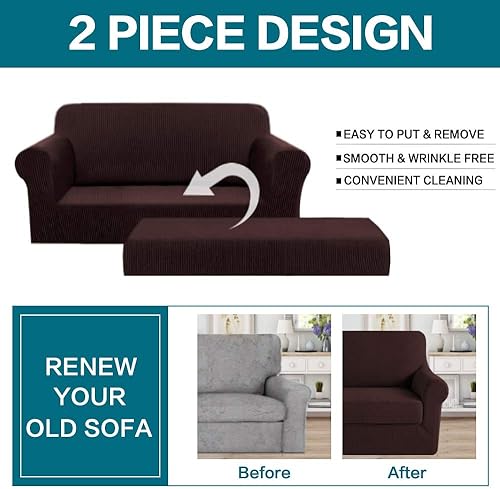 Vista 232 de Turquoize - Funda elástica para sofá de 2 piezas y 3 cojines, funda protectora lavable con elástico en la parte inferior, tela jacquard gruesa