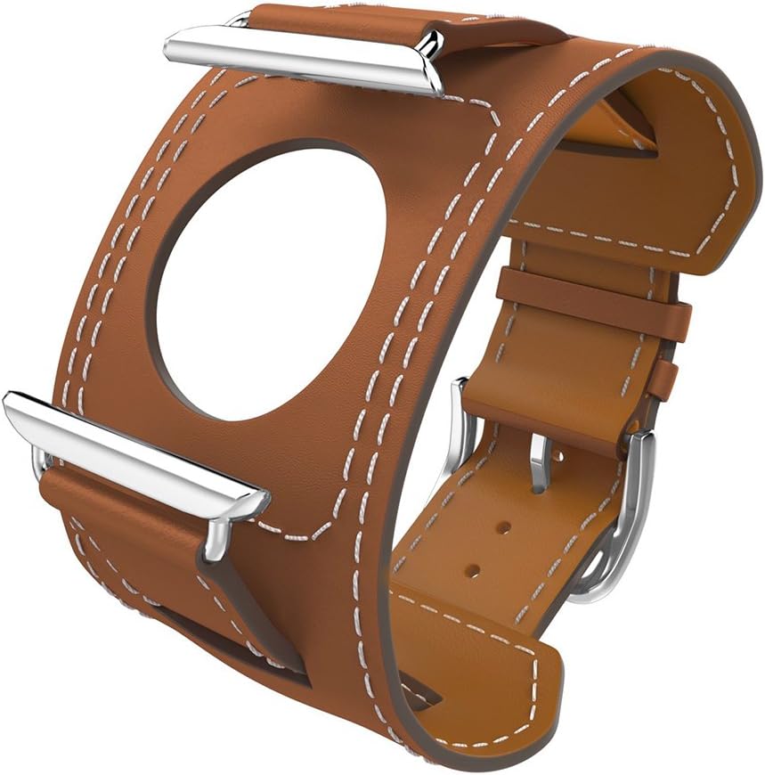 CHEEDAY Cuff Genuine Leather Strap iWatch Band Bracelet Replacement Wristband with Stainless Steel Adapter Metal Clasp for Apple Watch 38mm 40mm Series 1/2 / 3/4 - Brown