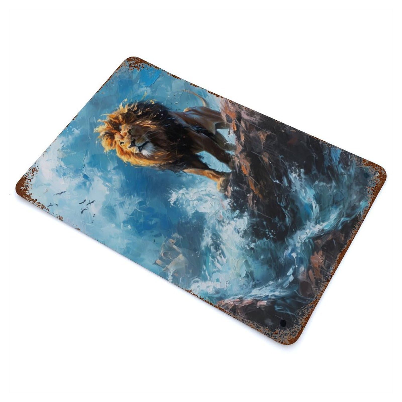 Rust Effect Seaside Lion Majesty Weathered Tin Sign 11.8"x7.9", Novelty Wall Decor for Office, Studio And Wall Decor