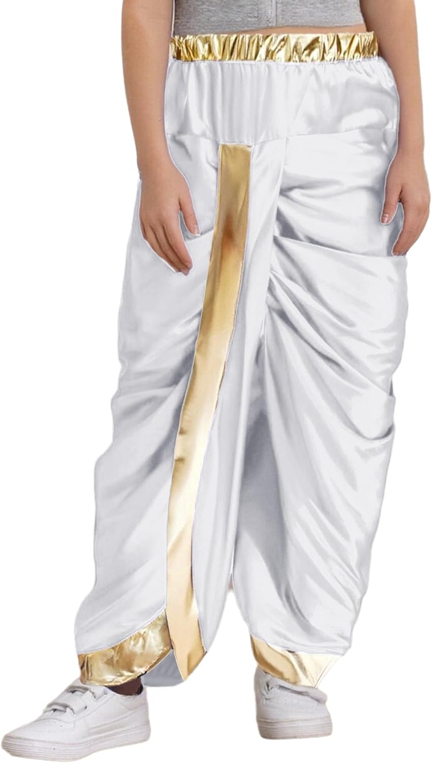 Kids Boys Satin Indian Dhoti Pants Metallic Elastic Waist Hippie Dance Harem Draped Baggy Yoga Trousers