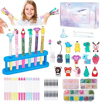 Topblux DIY Custom Glitter Pen Making Craft Kit with Charms for Kids 15 pc | Creative Art Projects Stationery Set, Birthday Gifts for Girls and Boys Ages 6-8 8-12, School Classroom Activity
