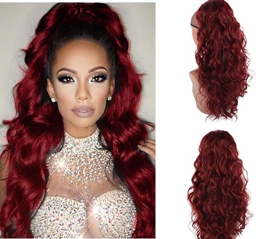 CINHOO 24 Inch Long Body Wavy Drawstring Ponytail Clip in Red Ponytail Extension Synthetic Curly Wavy Pony Tail Hairpiece for Women Thanksgiving Gift (24inch, wine red)