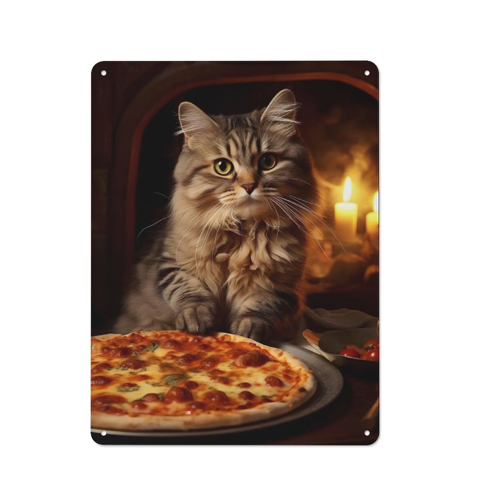 Junmoney Cat Eating Pizza Decorative Metal Sign 40X30cm, Creative Studio Wall Plaque For Hobby Room, Office, Lounge Or Living Room