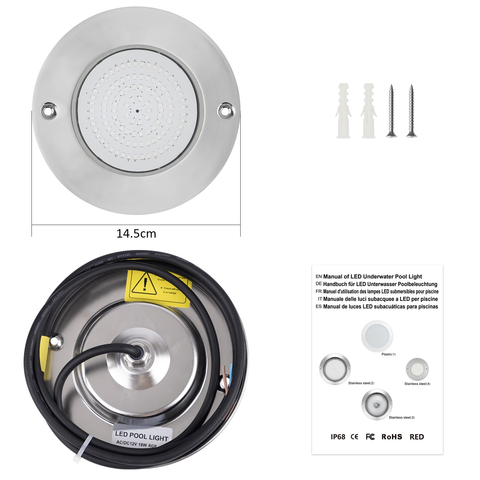 LED Poolbeleuchtung, 18W RGB Edelstahl Unterwasserscheinwerfer, IP68 Wasserdicht, Oberflächenmontage, 12V AC/DC Schwimmbad Lampe mit Fernbedienung, Für Schwimmbad/Landschaft Beleuchtung